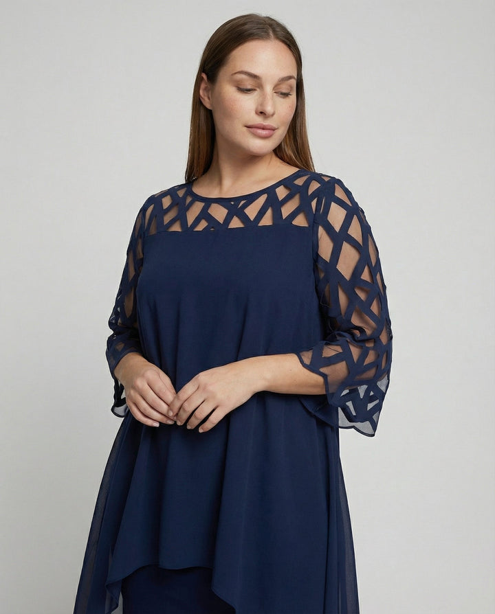 Charlotte - Elegant Plus Size Dress for Women with Sheer Cutwork Sleeves and Asymmetric Hem