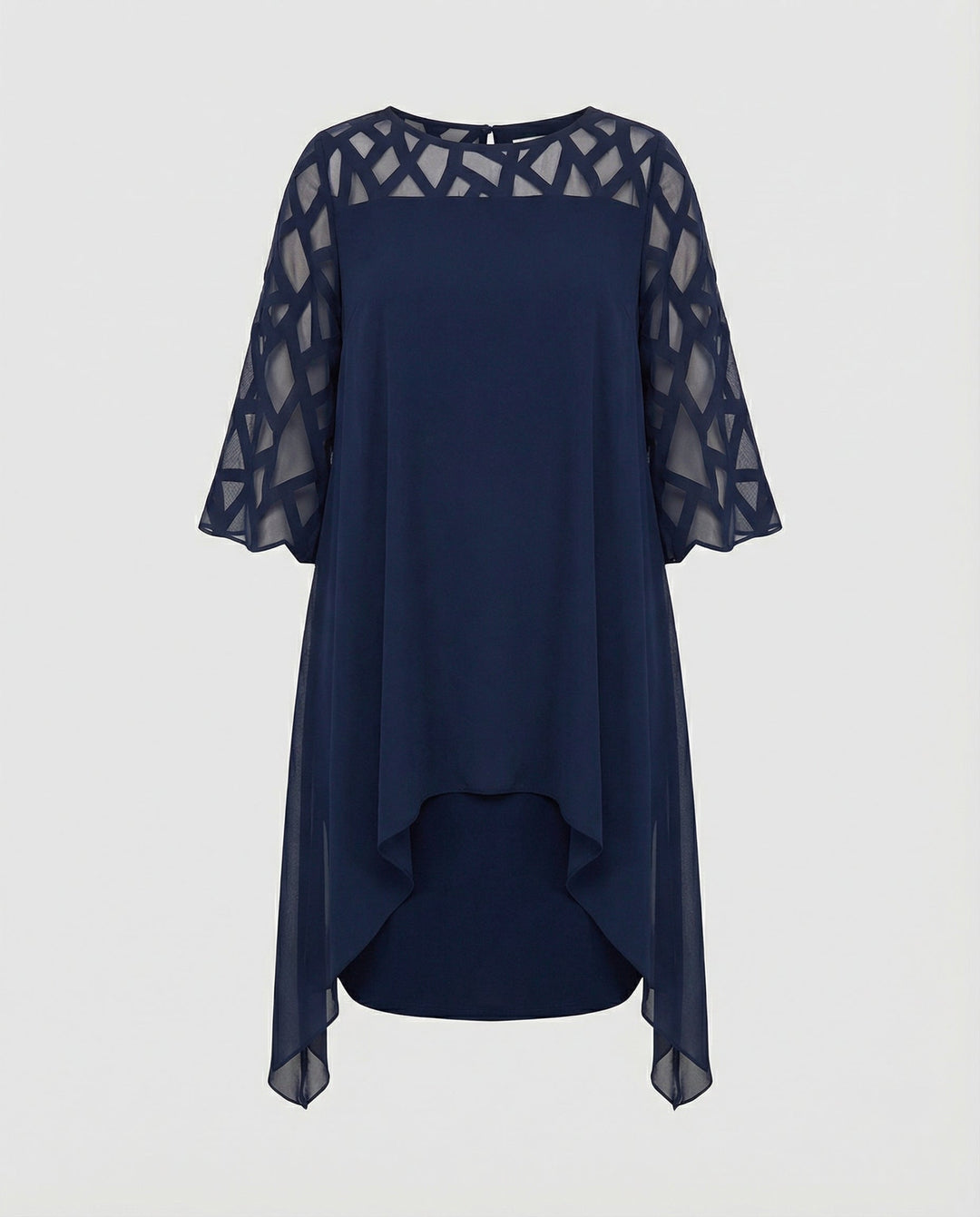 Charlotte - Elegant Plus Size Dress for Women with Sheer Cutwork Sleeves and Asymmetric Hem