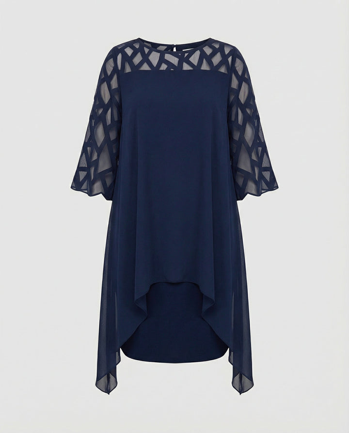 Charlotte - Elegant Plus Size Dress for Women with Sheer Cutwork Sleeves and Asymmetric Hem