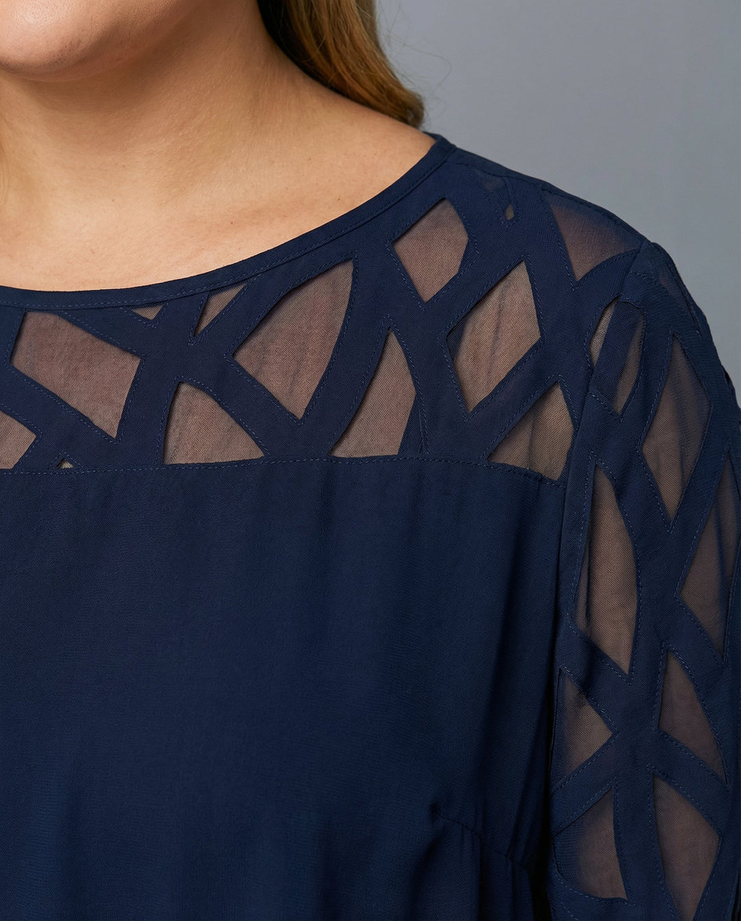 Charlotte - Elegant Plus Size Dress for Women with Sheer Cutwork Sleeves and Asymmetric Hem