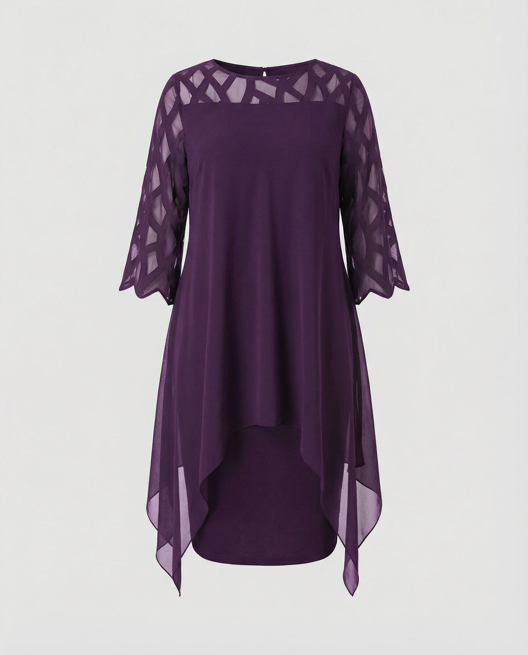 Charlotte - Elegant Plus Size Dress for Women with Sheer Cutwork Sleeves and Asymmetric Hem