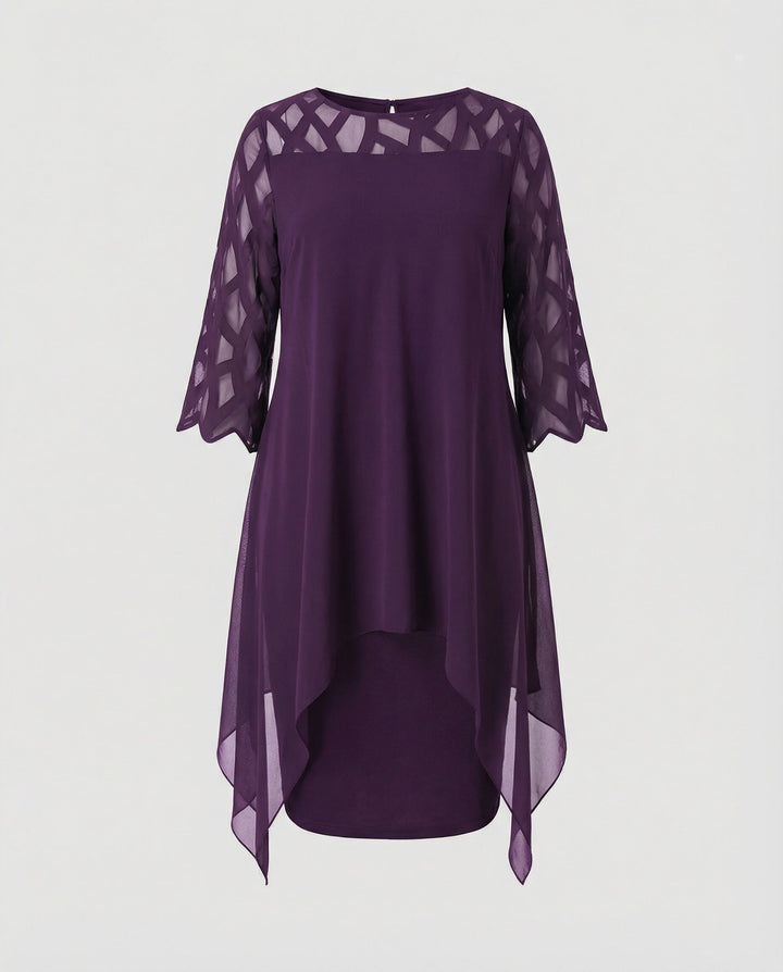 Charlotte - Elegant Plus Size Dress for Women with Sheer Cutwork Sleeves and Asymmetric Hem