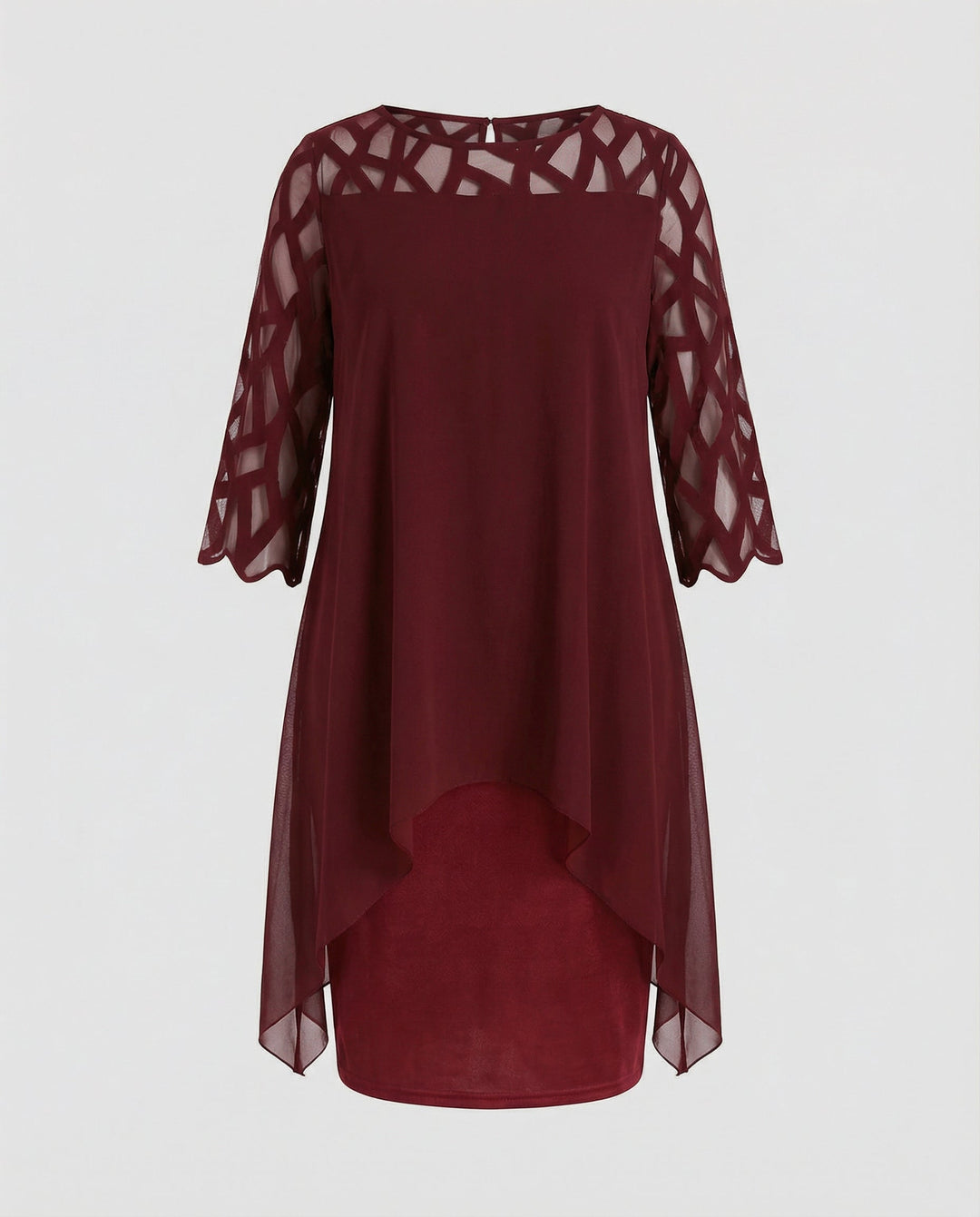 Charlotte - Elegant Plus Size Dress for Women with Sheer Cutwork Sleeves and Asymmetric Hem