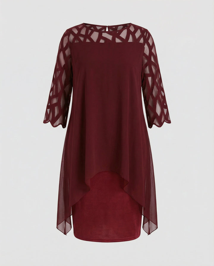 Charlotte - Elegant Plus Size Dress for Women with Sheer Cutwork Sleeves and Asymmetric Hem