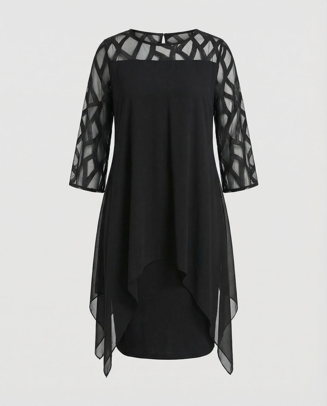 Charlotte - Elegant Plus Size Dress for Women with Sheer Cutwork Sleeves and Asymmetric Hem