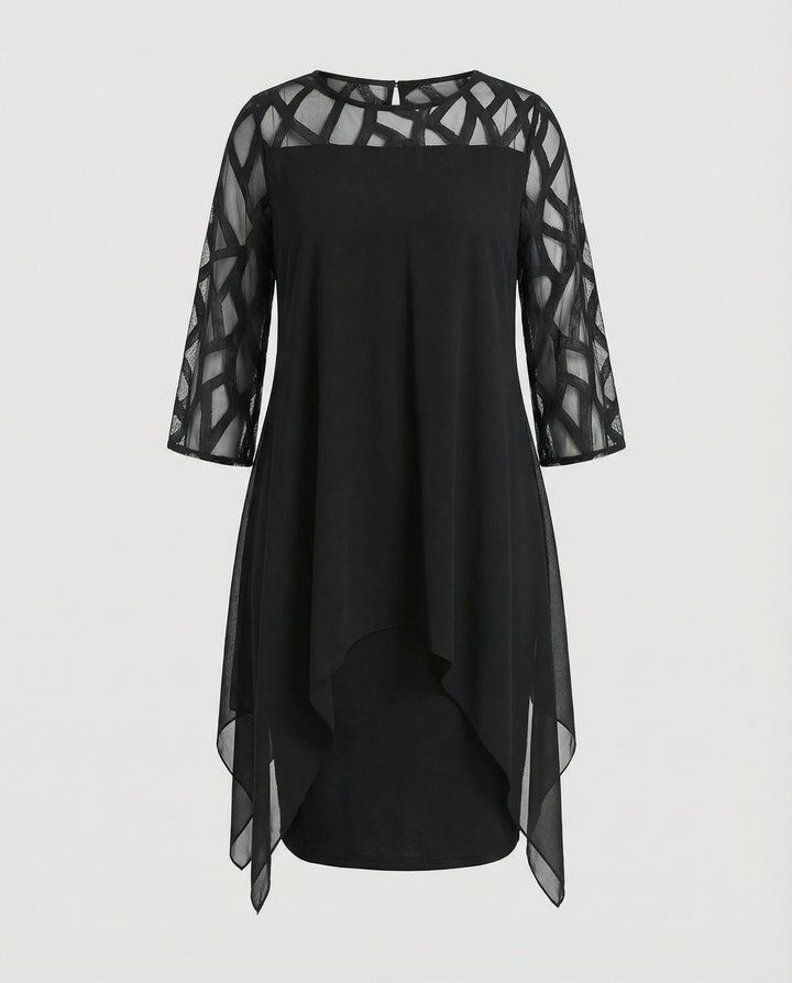Charlotte - Elegant Plus Size Dress for Women with Sheer Cutwork Sleeves and Asymmetric Hem