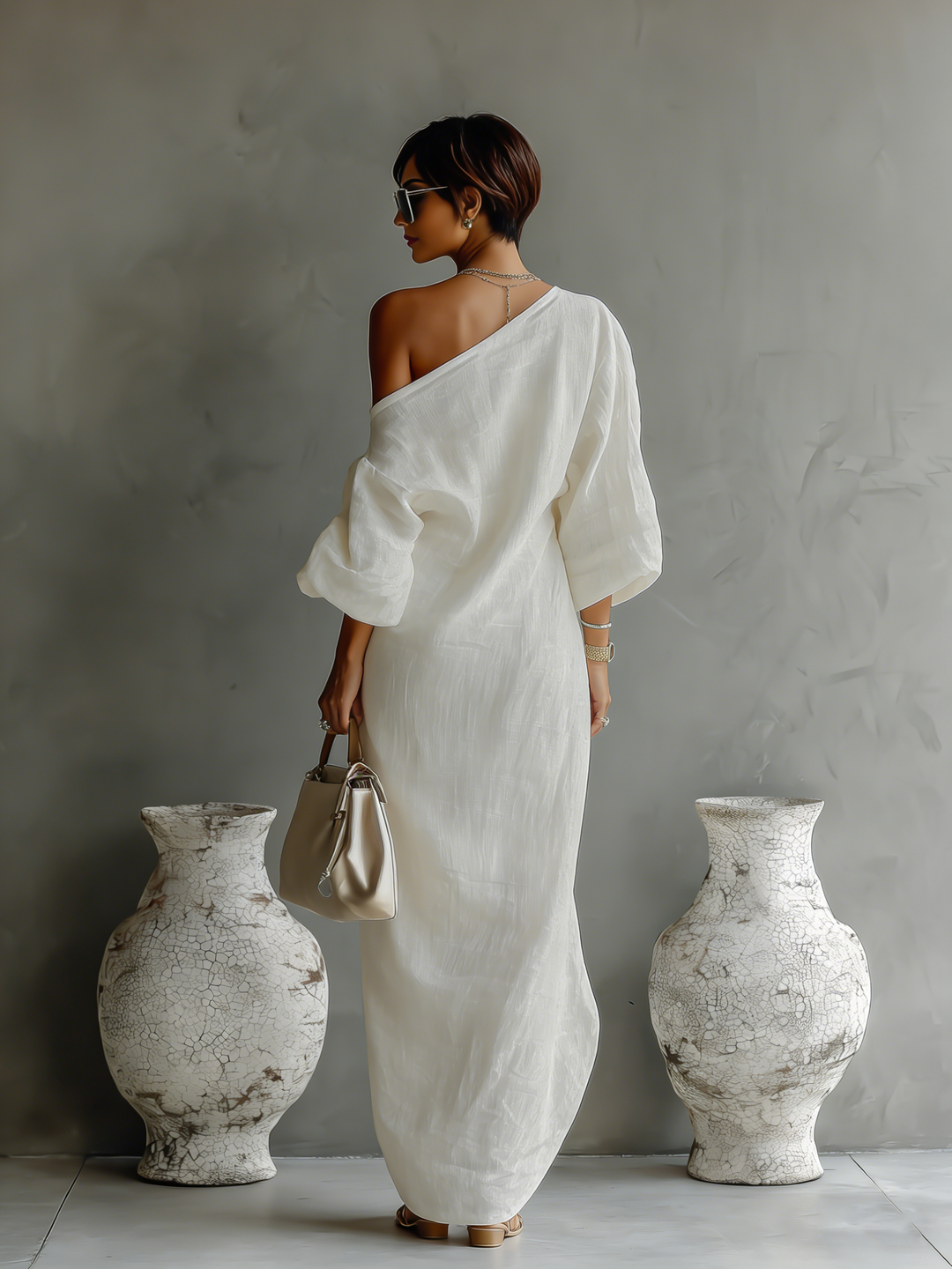 Charlotte - Elegant Women's Linen Maxi Dress with One Shoulder Neckline and Dolman Sleeves
