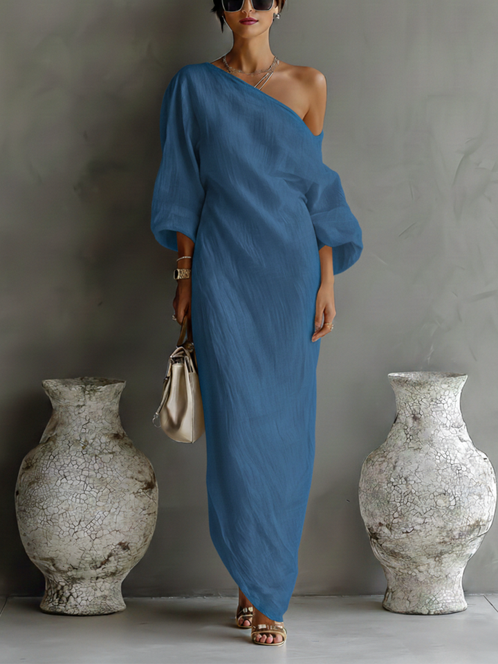Charlotte - Elegant Women's Linen Maxi Dress with One Shoulder Neckline and Dolman Sleeves