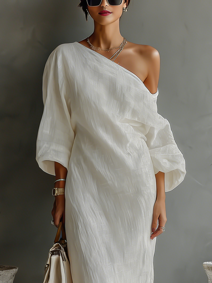 Charlotte - Elegant Women's Linen Maxi Dress with One Shoulder Neckline and Dolman Sleeves