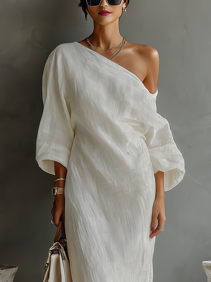 Charlotte - Elegant Women's Linen Maxi Dress with One Shoulder Neckline and Dolman Sleeves