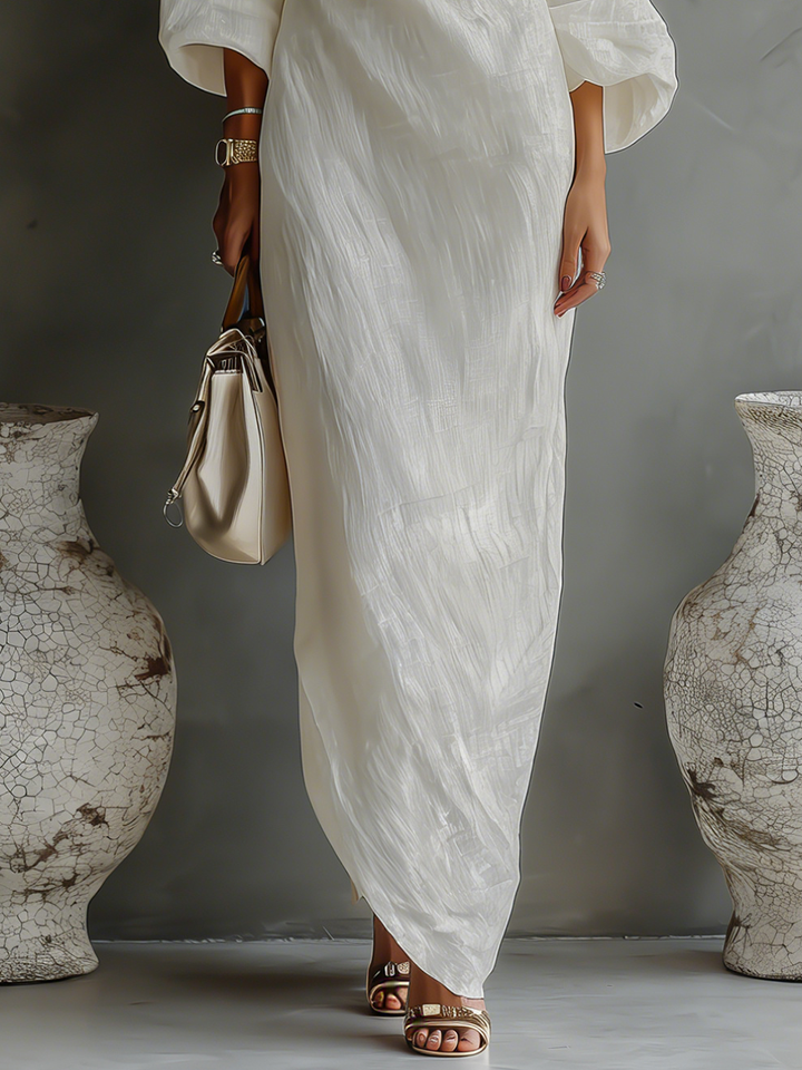Charlotte - Elegant Women's Linen Maxi Dress with One Shoulder Neckline and Dolman Sleeves