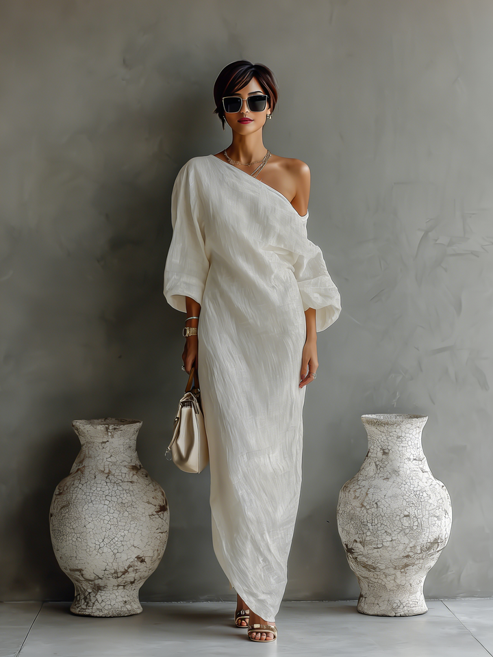 Charlotte - Elegant Women's Linen Maxi Dress with One Shoulder Neckline and Dolman Sleeves