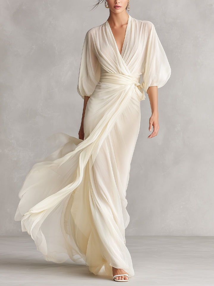 Charlotte - Elegant Women's Long Sleeve Wedding Guest Maxi Dress with Draped Waist