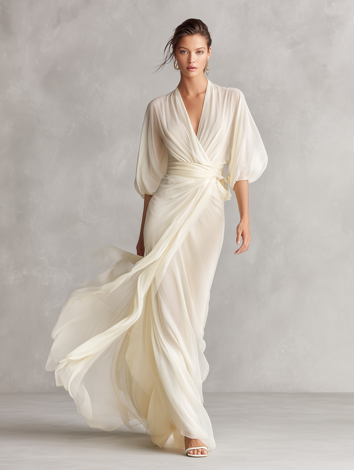 Charlotte - Elegant Women's Long Sleeve Wedding Guest Maxi Dress with Draped Waist