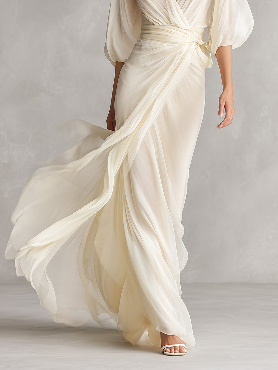 Charlotte - Elegant Women's Long Sleeve Wedding Guest Maxi Dress with Draped Waist