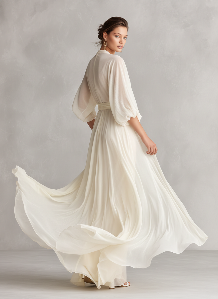Charlotte - Elegant Women's Long Sleeve Wedding Guest Maxi Dress with Draped Waist