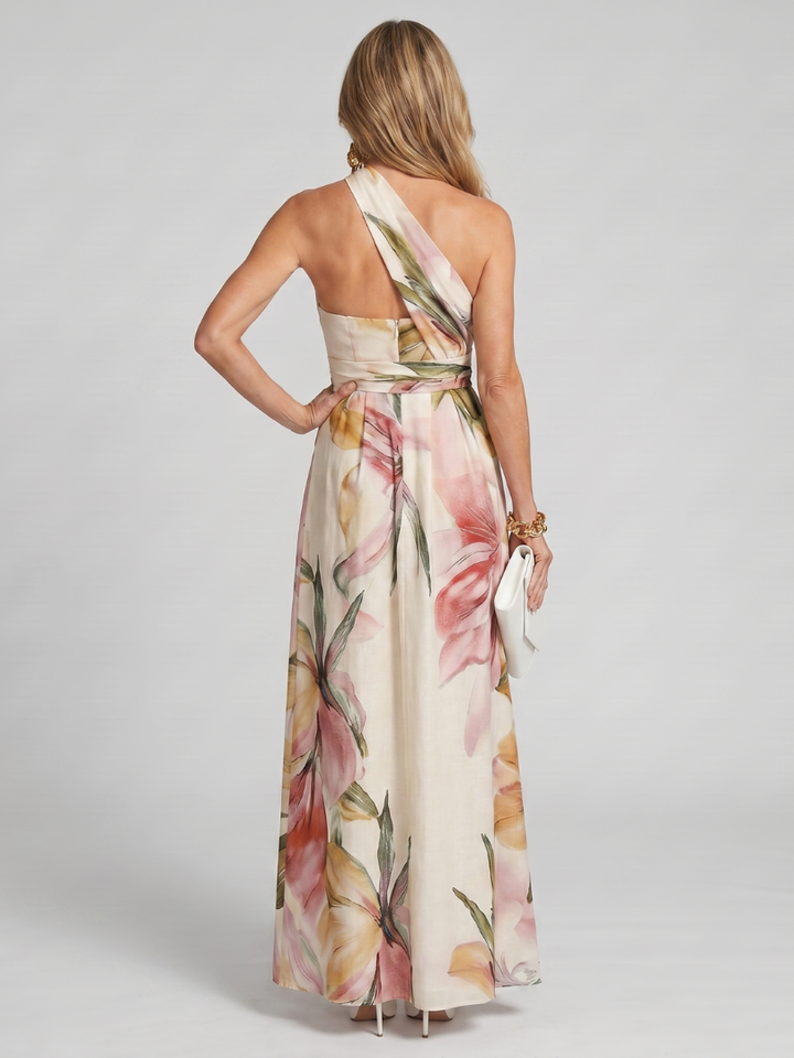 Charlotte - Elegant Women's Wedding Guest Dress with One-Shoulder Neckline and Floral Print
