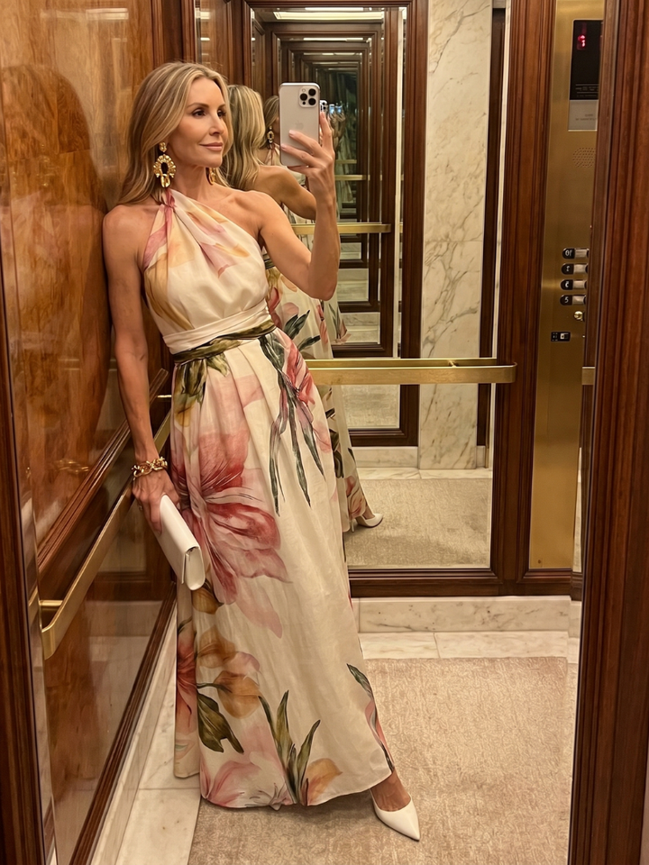 Charlotte - Elegant Women's Wedding Guest Dress with One-Shoulder Neckline and Floral Print