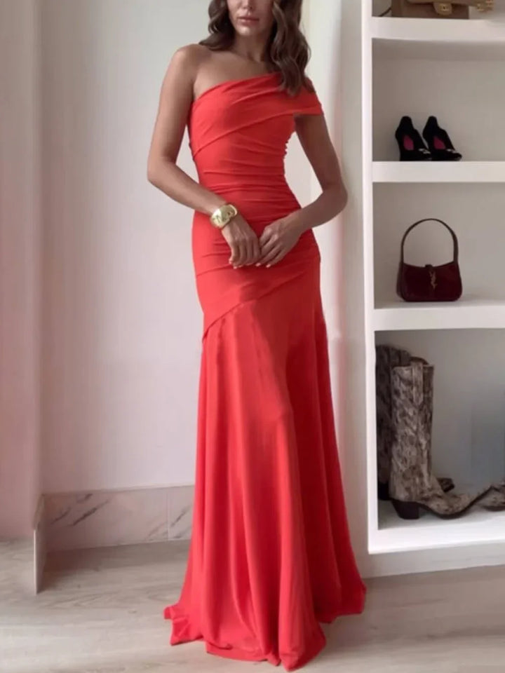 Charlotte - Elegant Women's Wedding Guest Dress with One Shoulder Neckline and Ruched Maxi Skirt
