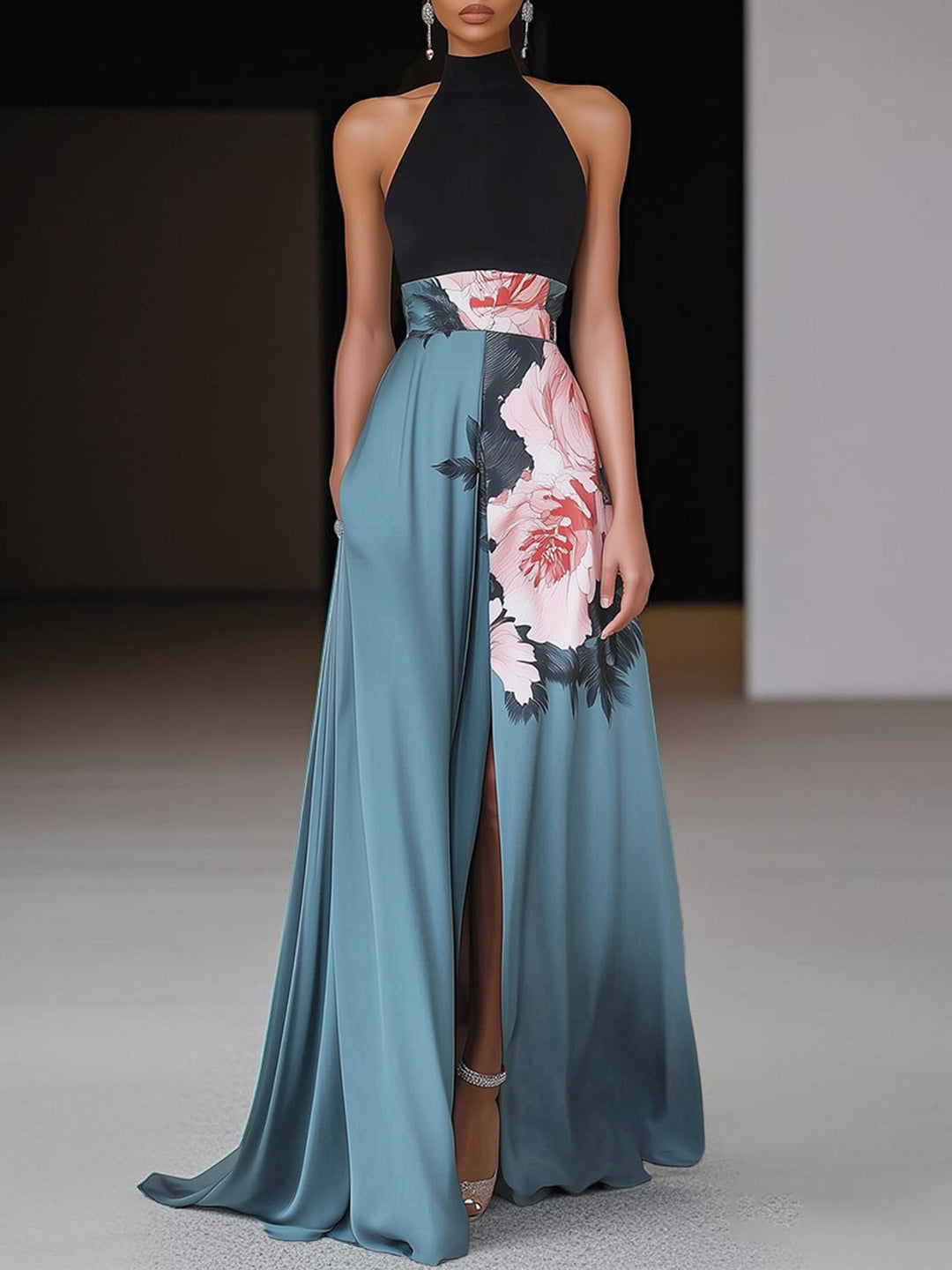 Charlotte - Elegant Women's Wedding Guest Maxi Dress with Halter Neck and Floral Detail