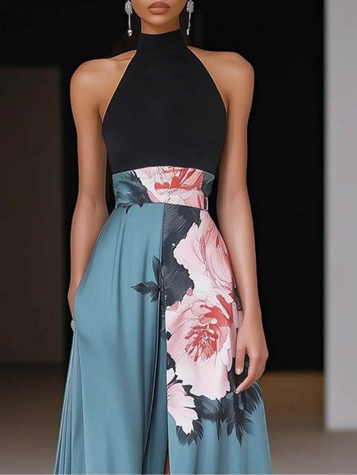 Charlotte - Elegant Women's Wedding Guest Maxi Dress with Halter Neck and Floral Detail