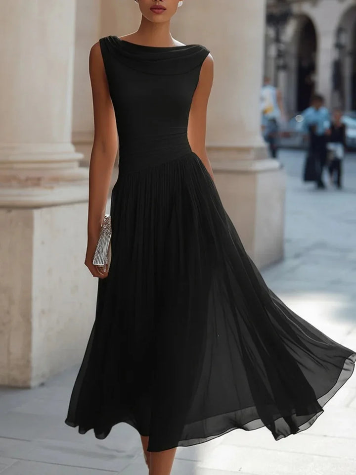 Charlotte - Flowy Women's Fall Wedding Guest Dress with Cowl Neckline and Pleated Waist