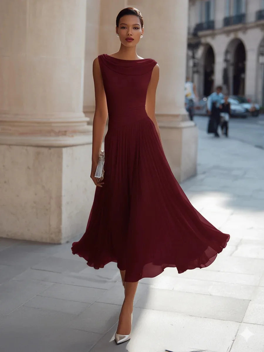 Charlotte - Flowy Women's Fall Wedding Guest Dress with Cowl Neckline and Pleated Waist