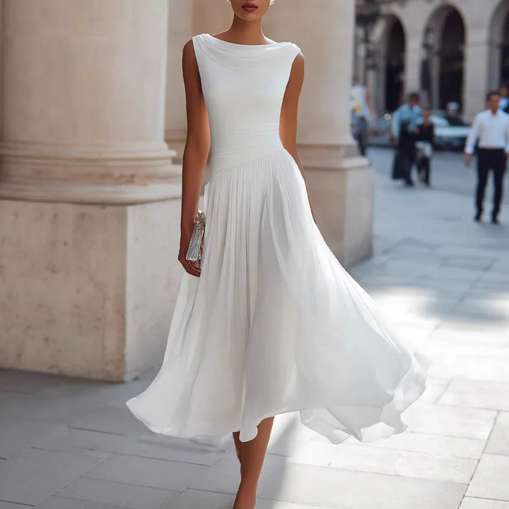 Charlotte - Flowy Women's Fall Wedding Guest Dress with Cowl Neckline and Pleated Waist