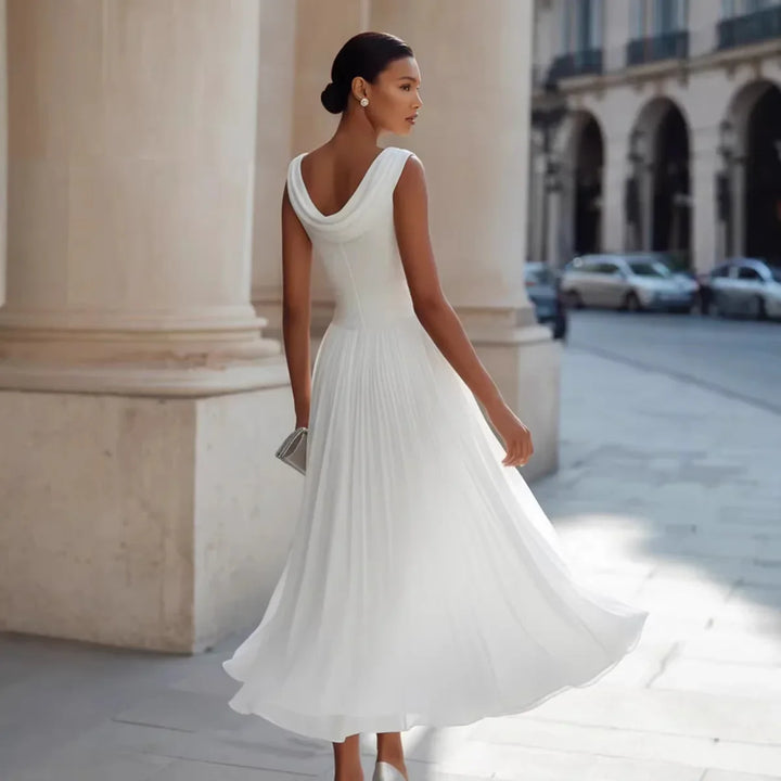 Charlotte - Flowy Women's Fall Wedding Guest Dress with Cowl Neckline and Pleated Waist