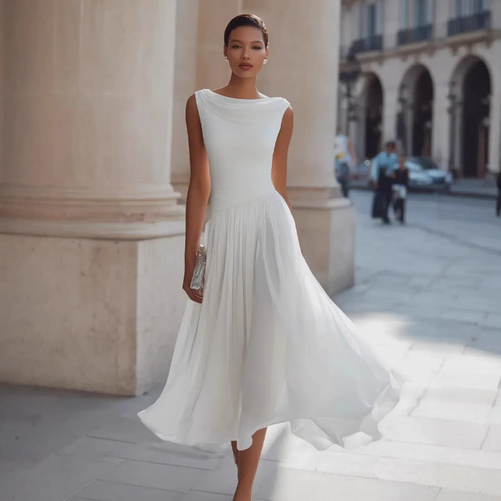 Charlotte - Flowy Women's Fall Wedding Guest Dress with Cowl Neckline and Pleated Waist