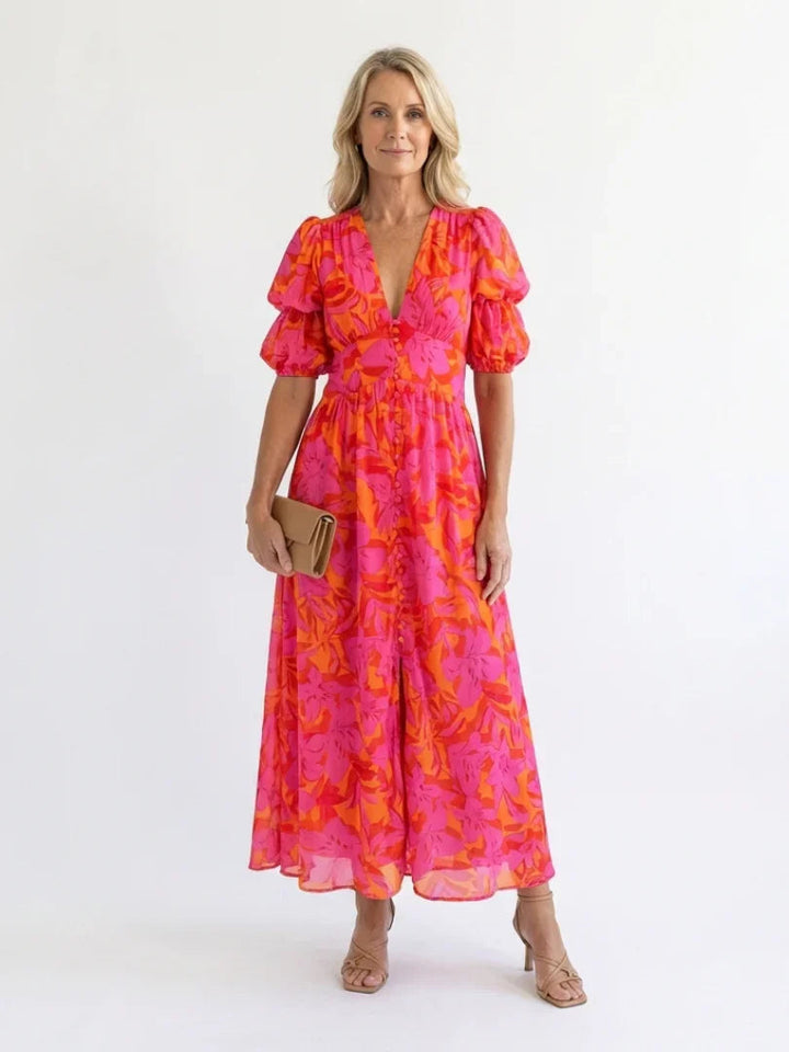 Charlotte - Flowy Women's Summer Dress with Puffed Sleeves and Maxi Length