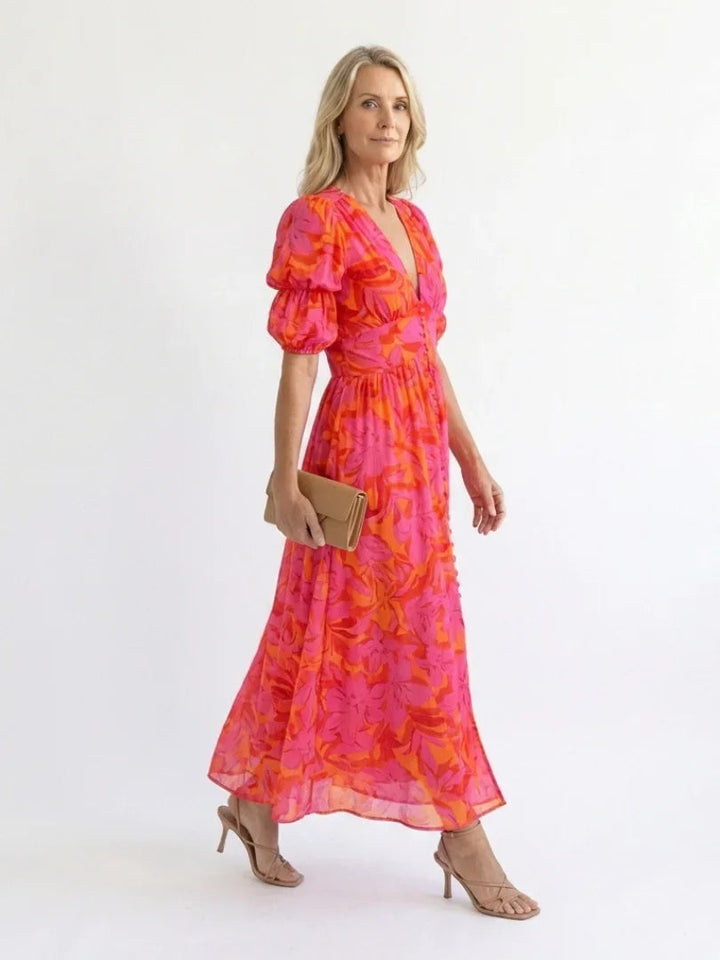 Charlotte - Flowy Women's Summer Dress with Puffed Sleeves and Maxi Length