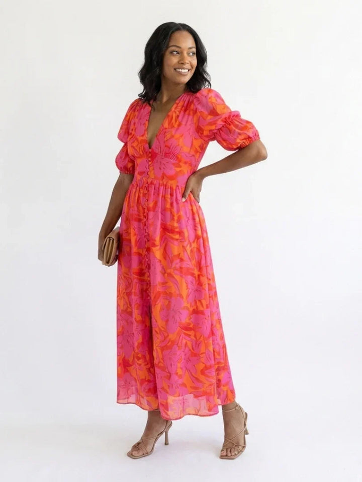 Charlotte - Flowy Women's Summer Dress with Puffed Sleeves and Maxi Length