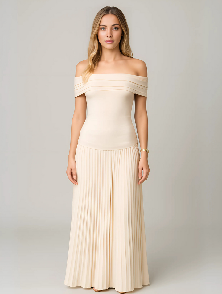Charlotte - Flowy Women's Wedding Guest Dress with Bardot Neckline and Pleated Maxi Skirt