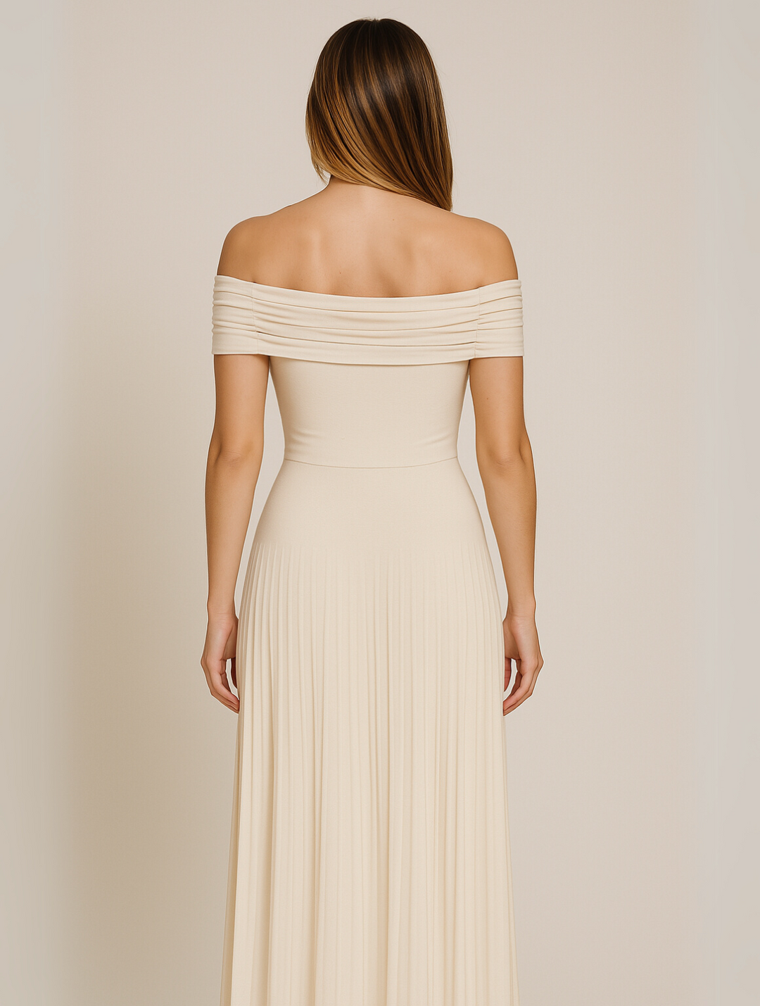 Charlotte - Flowy Women's Wedding Guest Dress with Bardot Neckline and Pleated Maxi Skirt