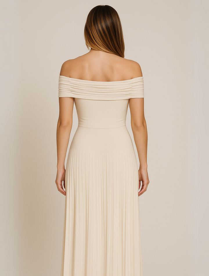 Charlotte - Flowy Women's Wedding Guest Dress with Bardot Neckline and Pleated Maxi Skirt