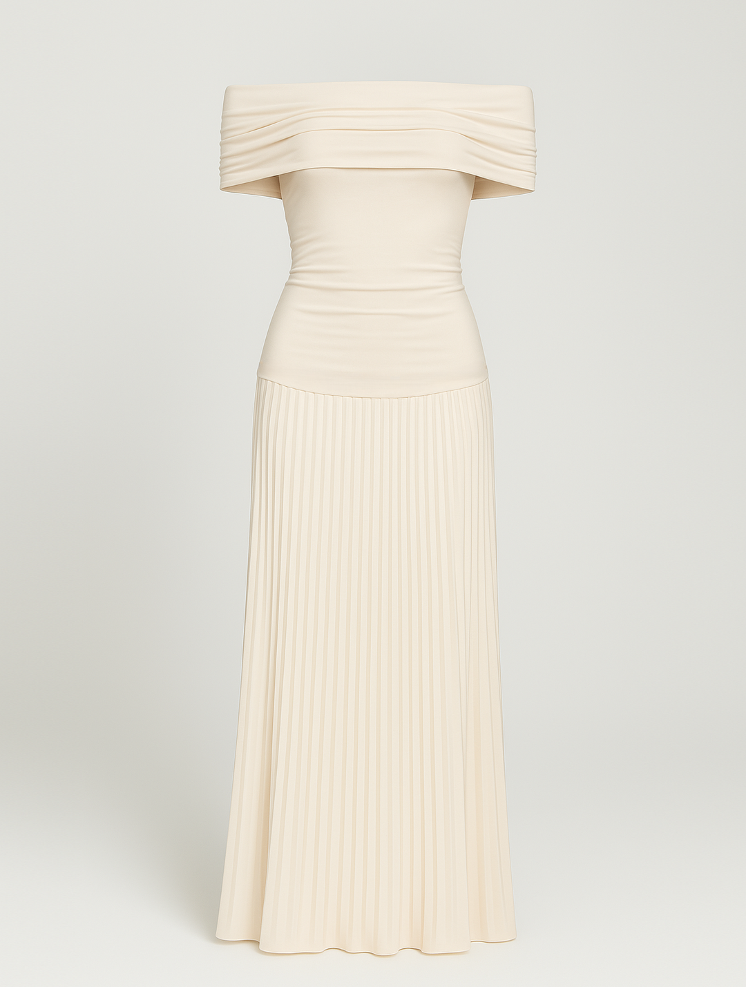 Charlotte - Flowy Women's Wedding Guest Dress with Bardot Neckline and Pleated Maxi Skirt