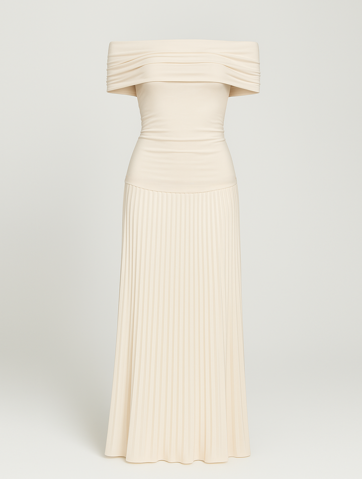 Charlotte - Flowy Women's Wedding Guest Dress with Bardot Neckline and Pleated Maxi Skirt