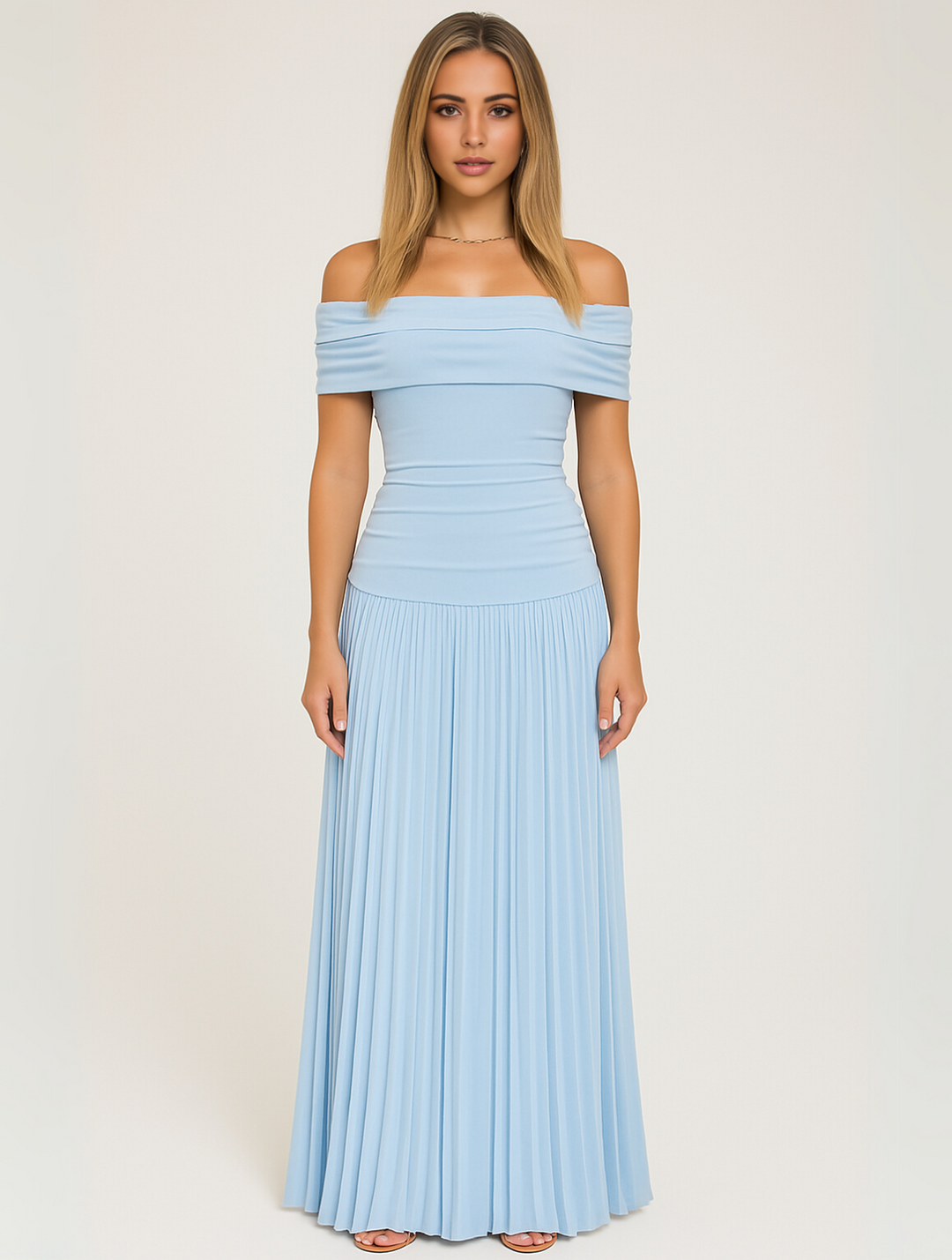 Charlotte - Flowy Women's Wedding Guest Dress with Bardot Neckline and Pleated Maxi Skirt