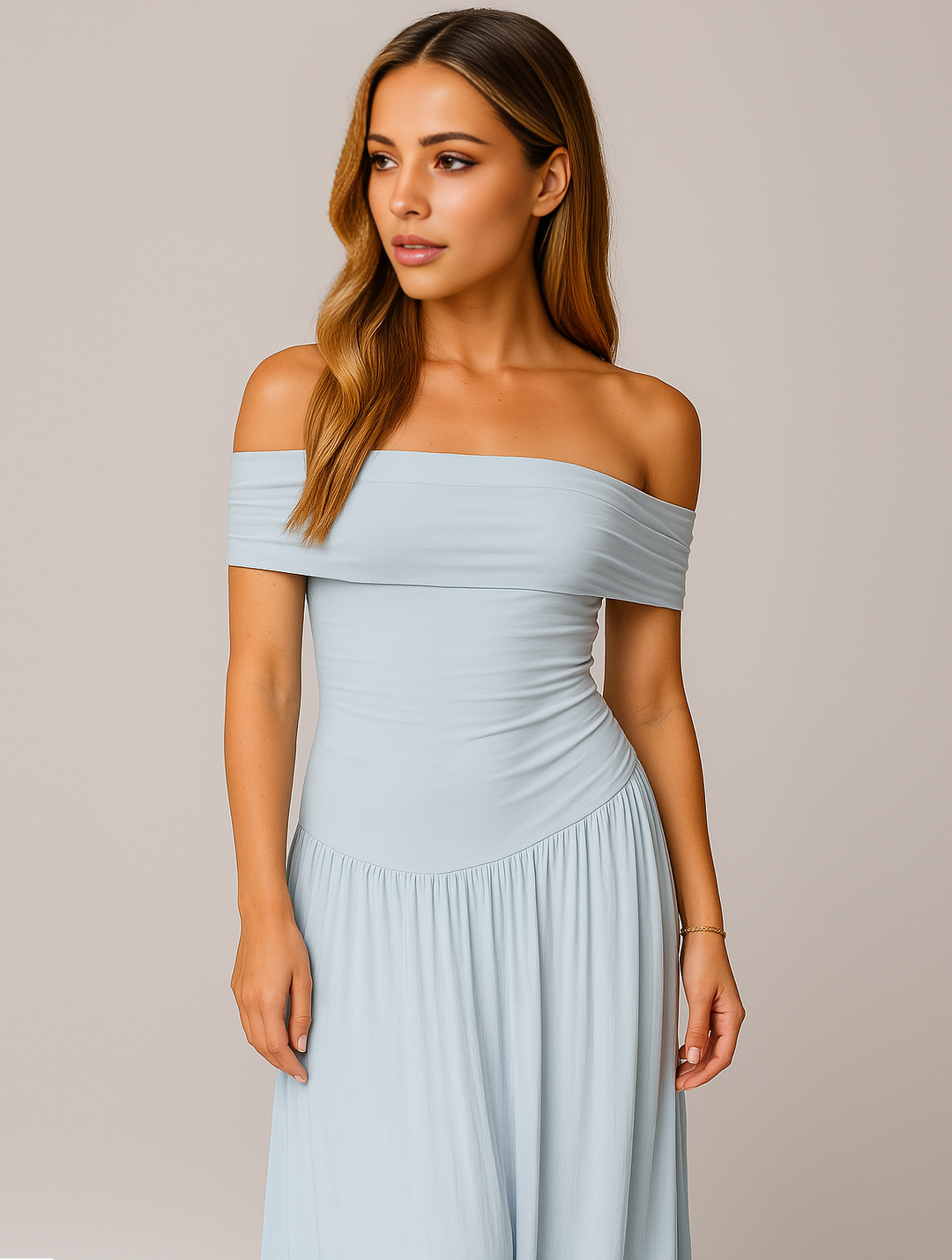 Charlotte - Flowy Women's Wedding Guest Dress with Bardot Neckline and Pleated Maxi Skirt