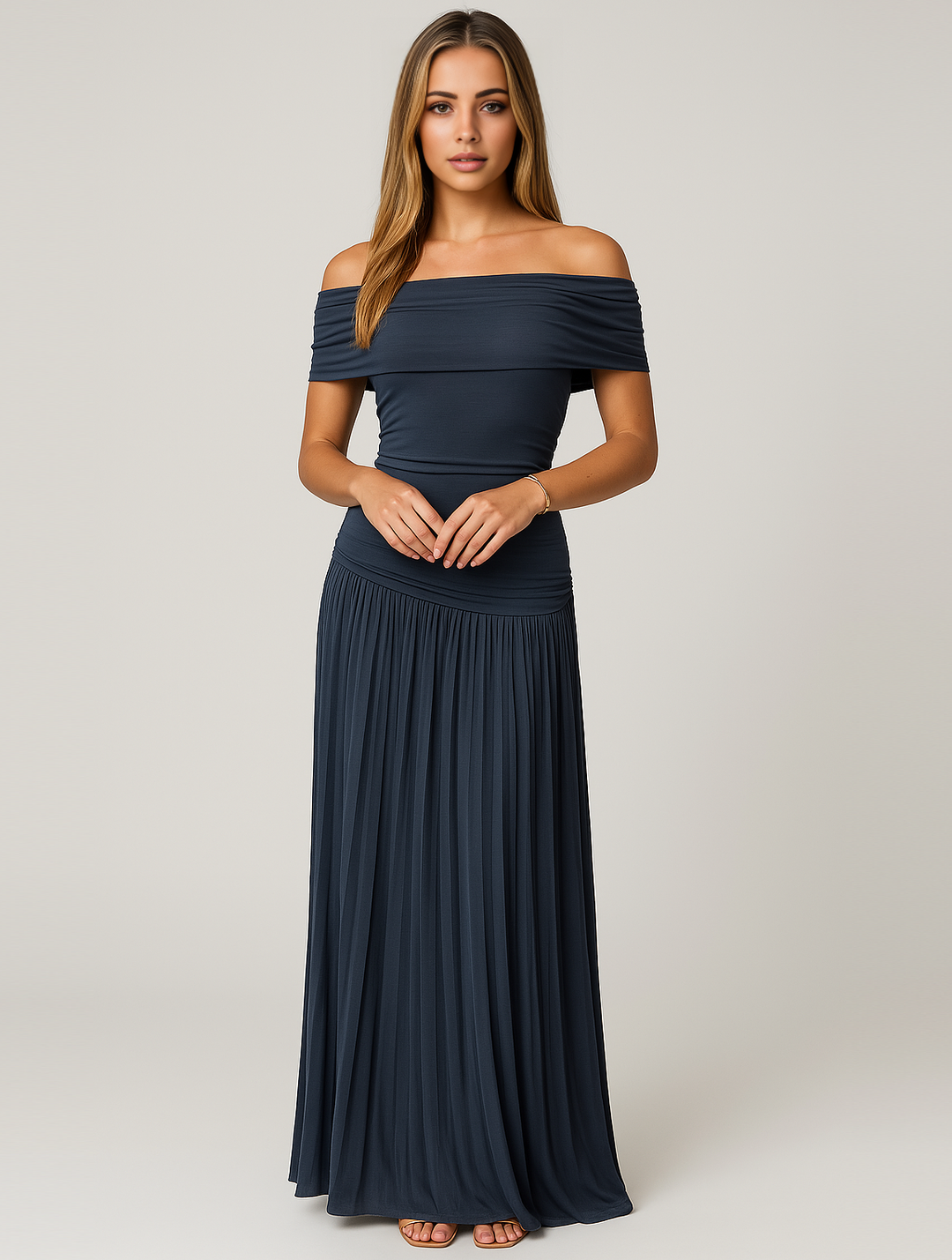 Charlotte - Flowy Women's Wedding Guest Dress with Bardot Neckline and Pleated Maxi Skirt