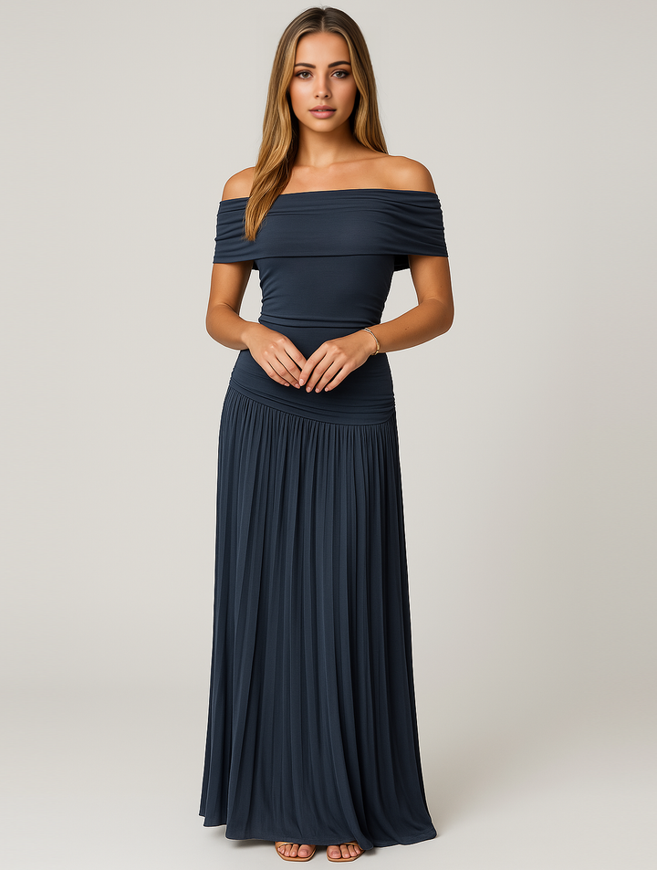 Charlotte - Flowy Women's Wedding Guest Dress with Bardot Neckline and Pleated Maxi Skirt