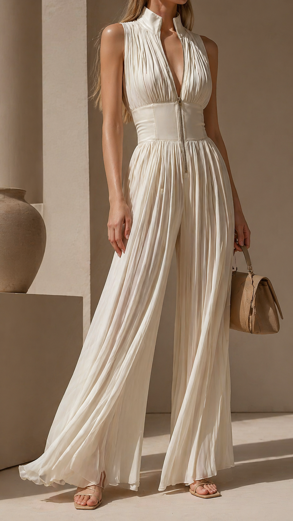 Charlotte - Formal Women's Linen Jumpsuit with Zip Front and Pleated Wide Leg