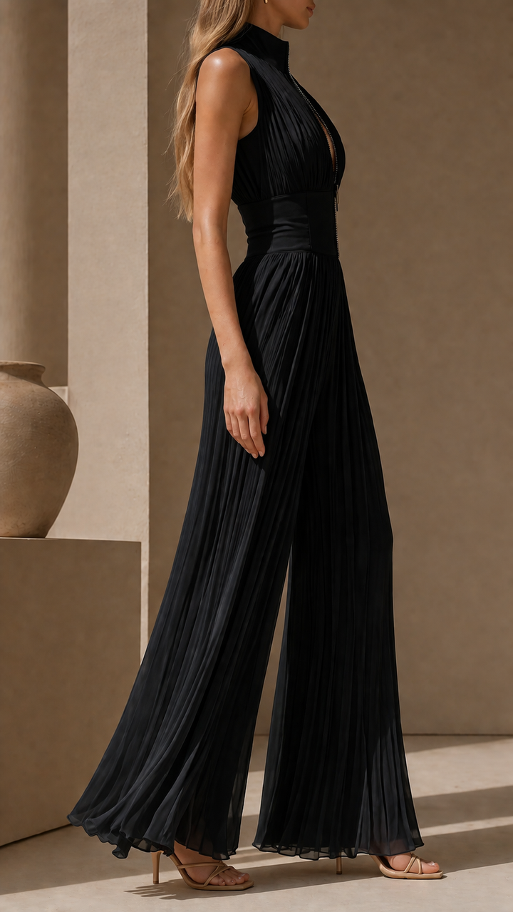 Charlotte - Formal Women's Linen Jumpsuit with Zip Front and Pleated Wide Leg