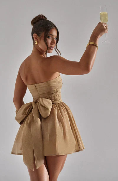 Charlotte - Glam Strapless Women's Wedding Guest Dress with Flared Skirt and Ruched Bodice