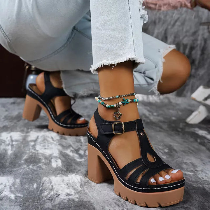 Charlotte - Trendy Women's Orthopedic Platform Heeled Sandals with Cut-Out Upper and Buckle Strap