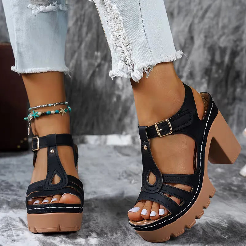 Charlotte - Trendy Women's Orthopedic Platform Heeled Sandals with Cut-Out Upper and Buckle Strap