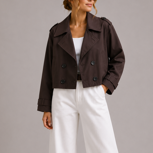 Charlotte - Women's Cropped Trench Coat for Autumn with Double Breasted Buttons