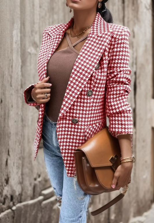 Charlotte - Women's Wool Style Blazer Autumn Double Breasted Houndstooth Check