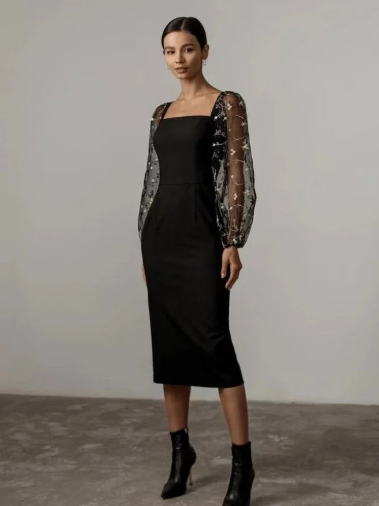 Charlotte - Women's formal party midi dress with square neck and long sleeve